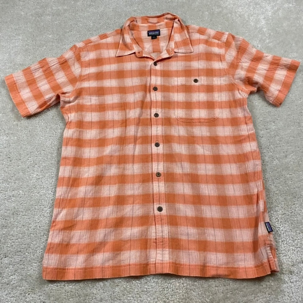 Patagonia Shirt Mens L Orange Plaid Organic Cotton Short Sleeve Button Down